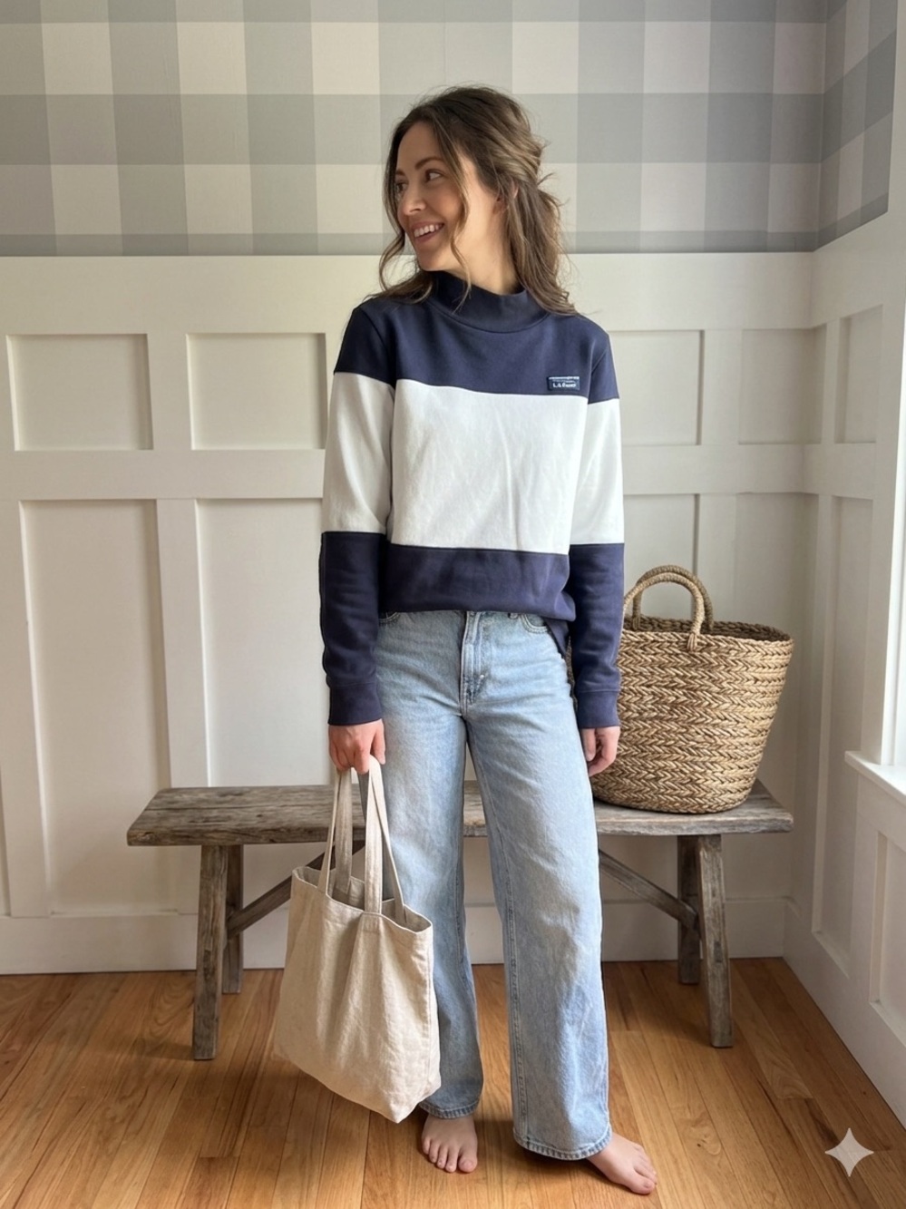 L.L. Bean Vintage Navy and White Colorblock Mock Neck Sweatshirt Large